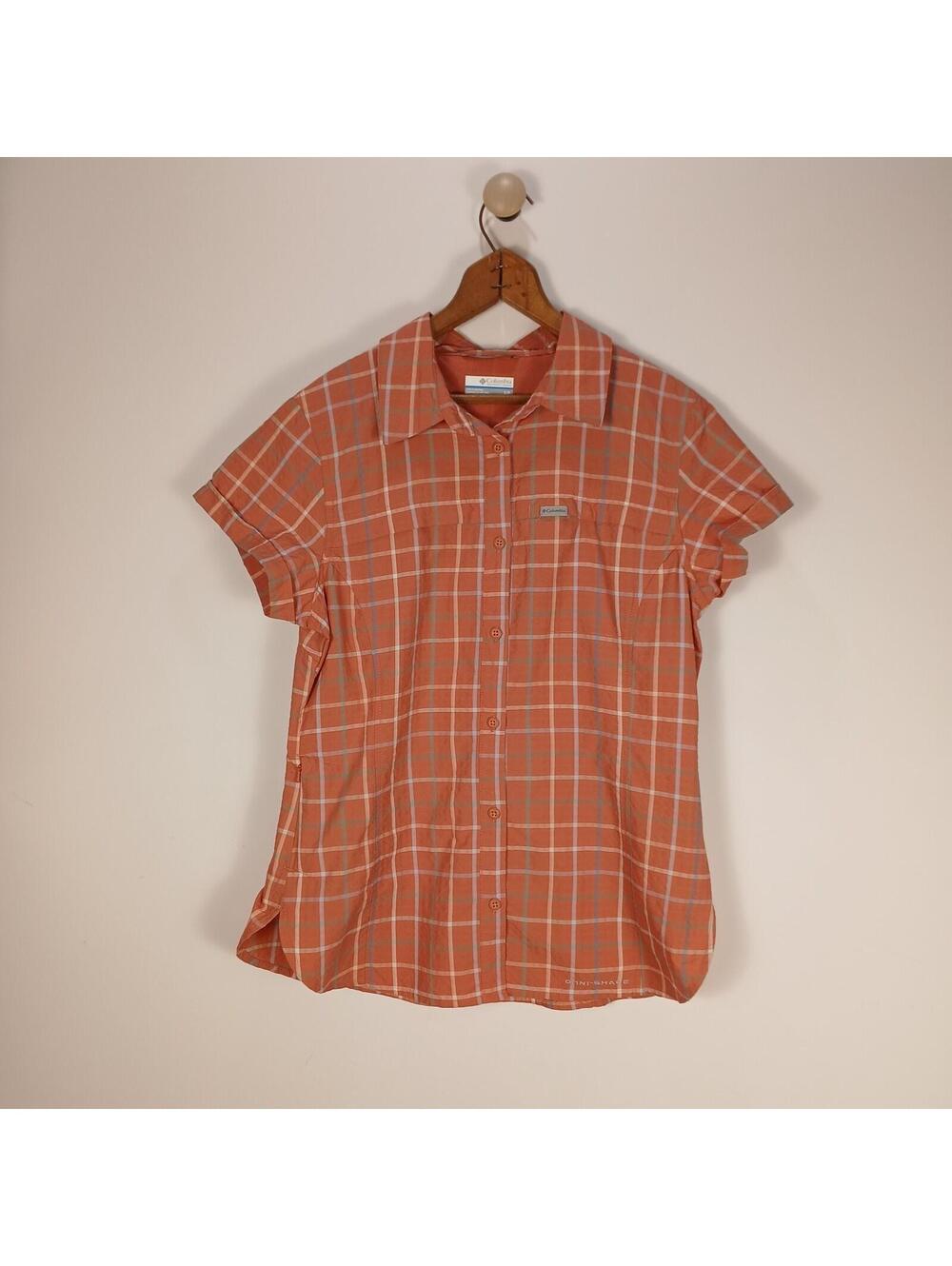 Columbia Women Shirt S Peach Plaid Omni Shade Short Sleeve Hiking